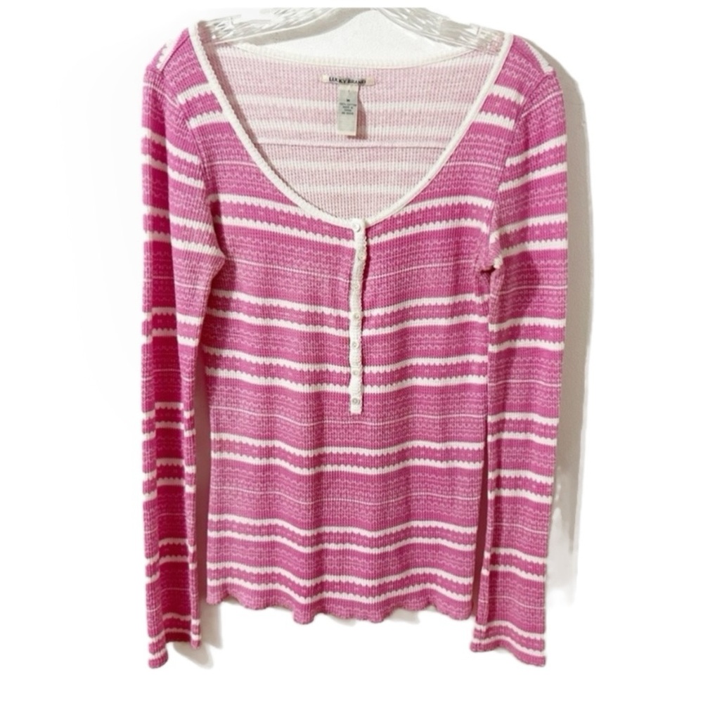 Lucky Brand Pink & White Striped Waffle Knit Long Sleeve Scoop Neck Top Size M